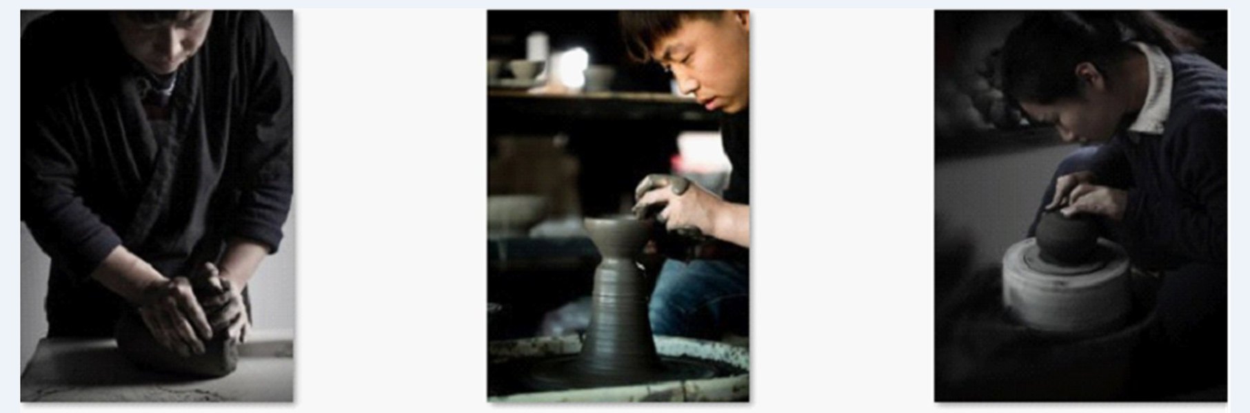 大宋定窯的匠人們展示揉泥、拉坯、修坯這三道工序
