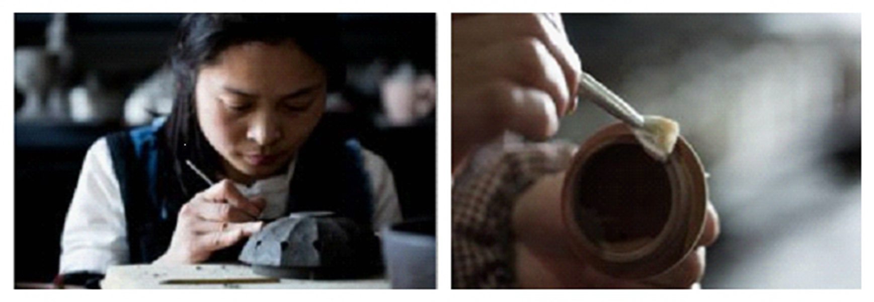 大宋定窯的手工匠人正在為定瓷茶器刻花、上釉